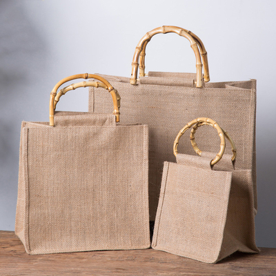 Maniglia di bambù di compera riutilizzabile di Tote Bag Jute Tote Bag della tela da imballaggio