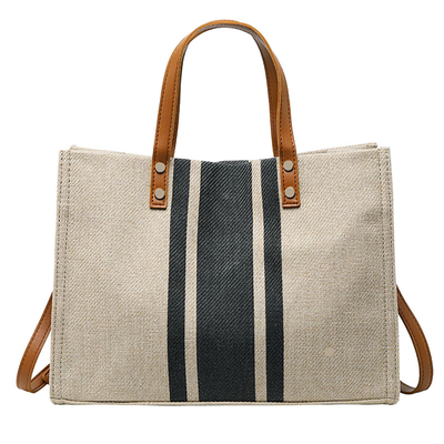 Tela di tela su ordinazione Tote Bag With Pocket del cotone della maniglia di cuoio in bianco