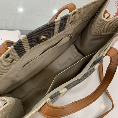 Tela di tela su ordinazione Tote Bag With Pocket del cotone della maniglia di cuoio in bianco