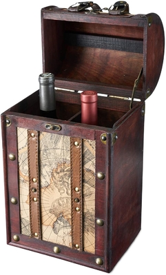 Contenitore di legno di vino di progettazione antica della mappa del cuoio del Faux di 2 bottiglie con il coperchio e la maniglia