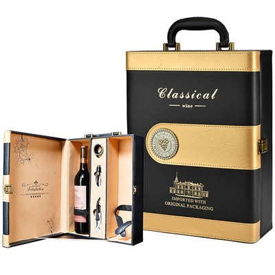 buon prezzo Contenitore di regalo nero della bottiglia di vino della bottiglia di sublimazione 2 del cuoio dell'oro dello spazio in bianco con gli accessori in linea